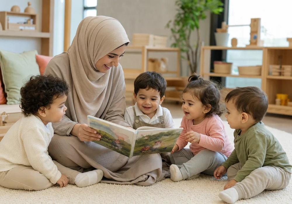 معلمة حضانة تقرأ مع أطفال برنامج الرضع