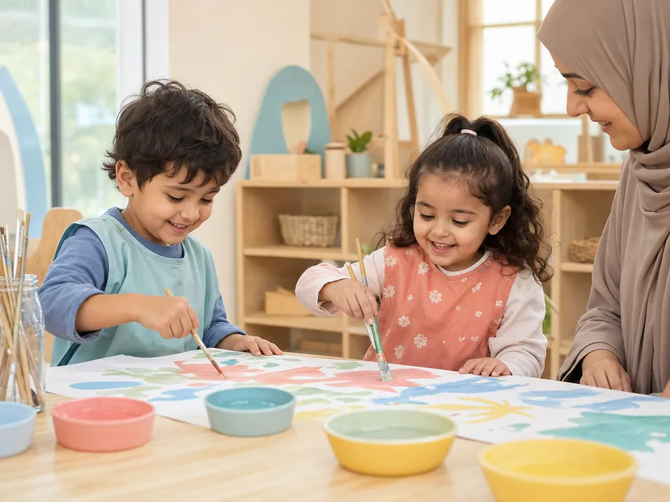 أطفال عرب صغار يرسمون مع معلمة الحضانة