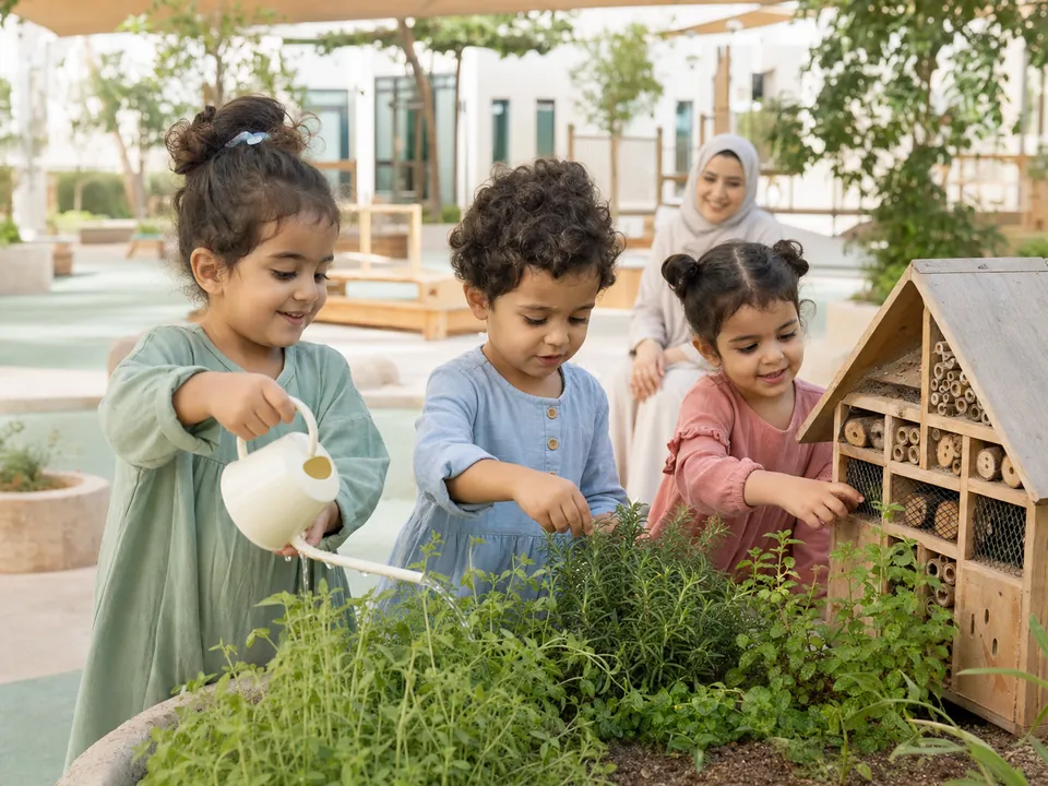 ثلاثة أطفال عرب يستكشفون الأعشاب وبيت الحشرات في حديقة الحضانة