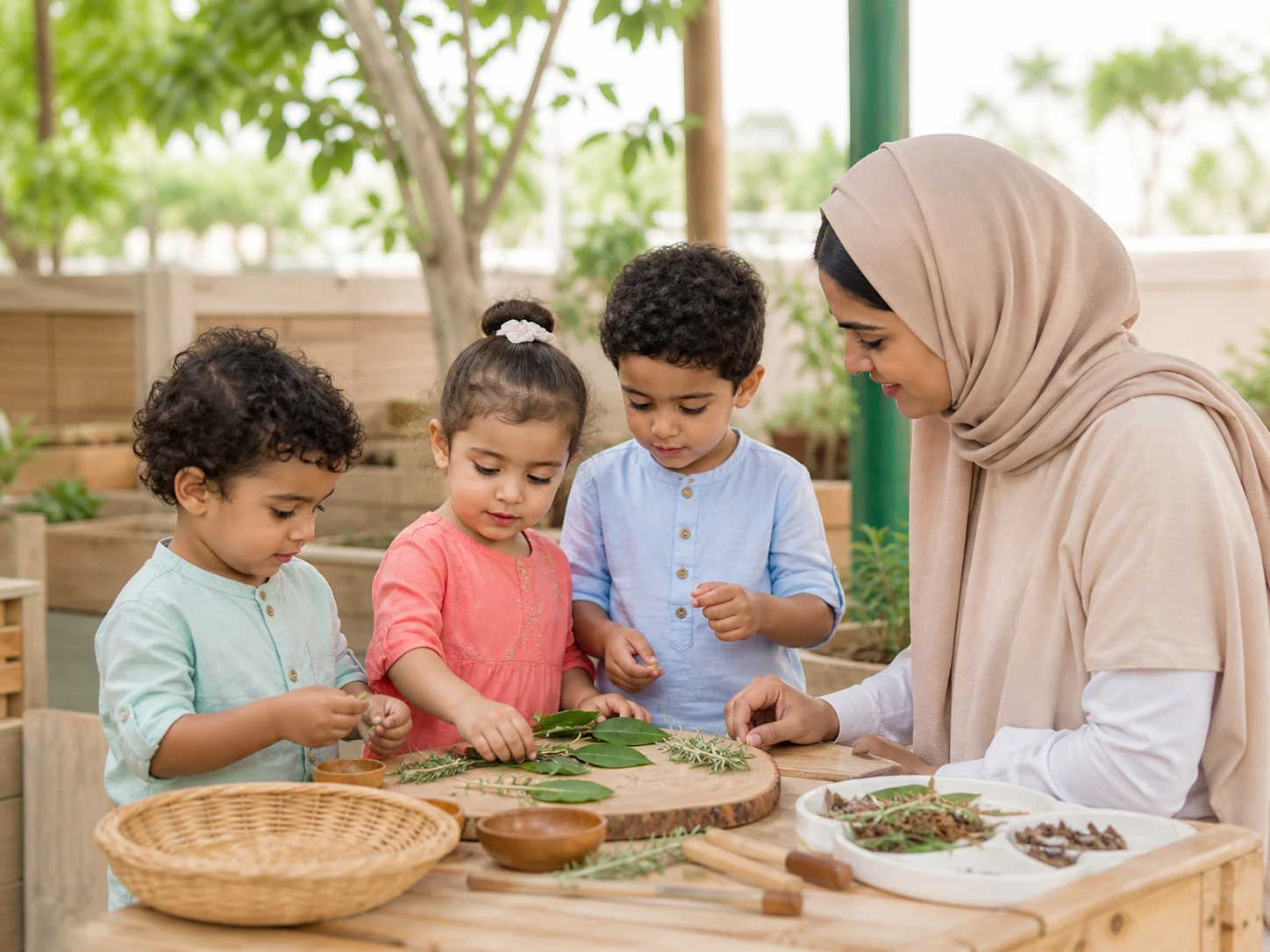 معلمة حضانة تساعد الأطفال على استكشاف الأعشاب والأوراق