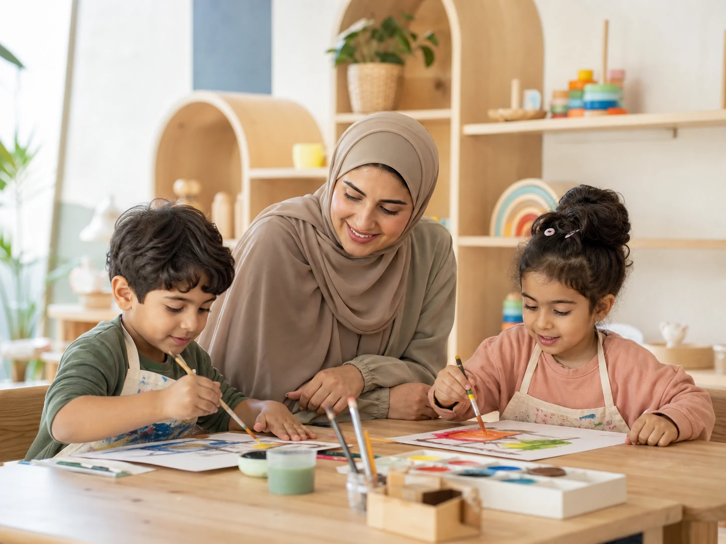 مؤسسة الحضانة تدعم طفلين أثناء الرسم